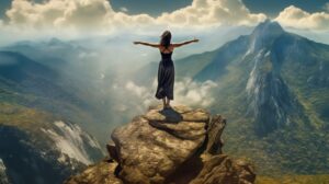 lady reaching her goals and ambitions simulated by reaching the top of a mountain