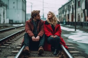 a couple sat on a train track before starting a long distant relationship