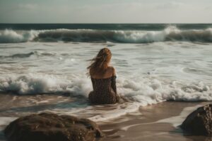 a woman on the brink of calm seashore the waves gently caressing her toes the horizon extending limitlessly ahead on threshold of a spiritual awakening